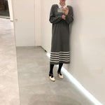 Korean Style White Collar Polo Knitted Dress with Stripes