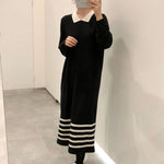 Korean Style White Collar Polo Knitted Dress with Stripes