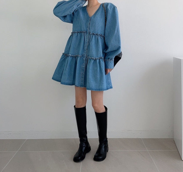 Denim Babydoll Tiered Dress