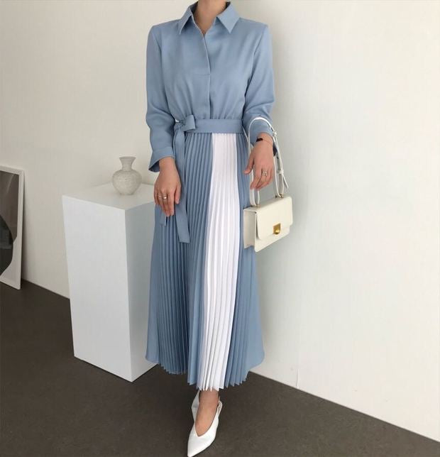 Two Tone Color Block Pleated Long Sleeve Shirt Dress