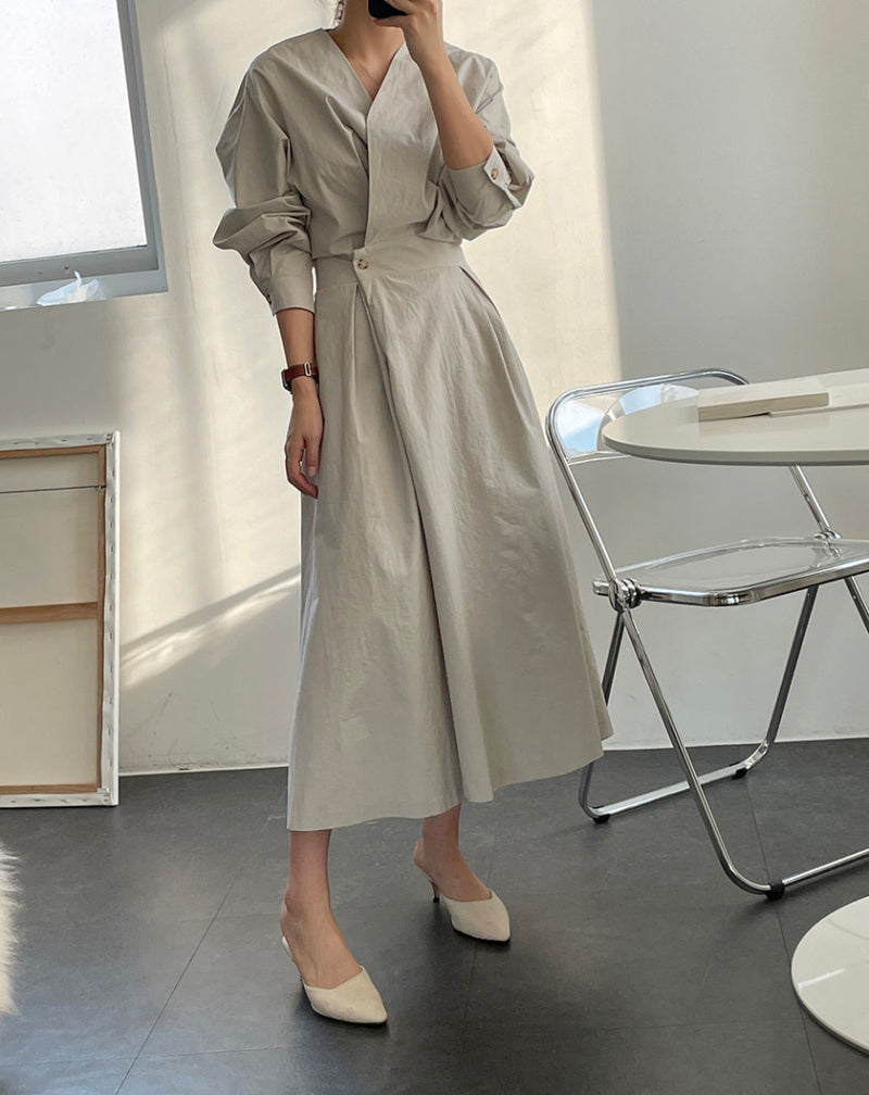 Minimalist Faux Wrap V-Neck Cotton Midi Dress