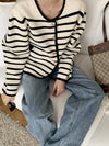 Round Neck Black & White Stripe Knitted Cardigan with Gold Buttons