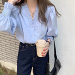 Smocked V-Neck Botton-Up Blouse