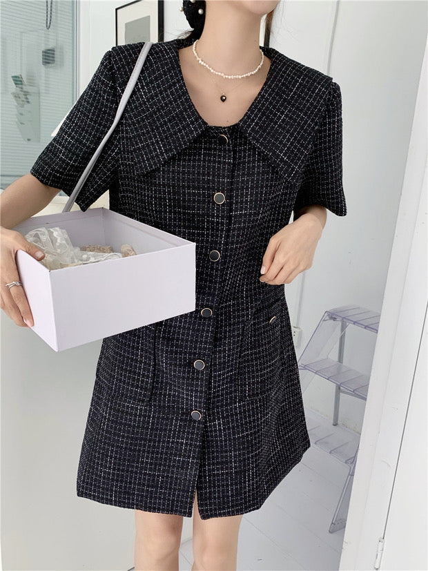 Short Sleeve Plaid Tweed Shift Dress with Oversized Collar