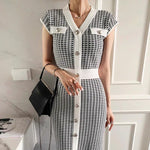 Knitted V-Neck Dress in Houndstooth Pattern with Contrasting Trim