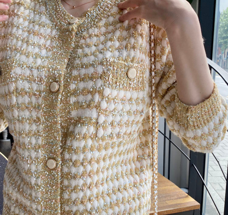 Embellished Multicolor Gold Button Crew Neck Cardigan