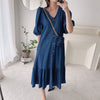 Relaxed V-Neck Button Down Denim Color Cotton Dress