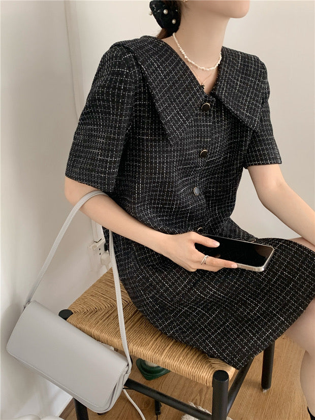 Short Sleeve Plaid Tweed Shift Dress with Oversized Collar