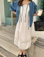 Denim Cardigan with Pleated Sling Dress Set