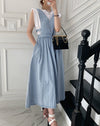 Denim V-Neck Strap Pullover Midi Dress