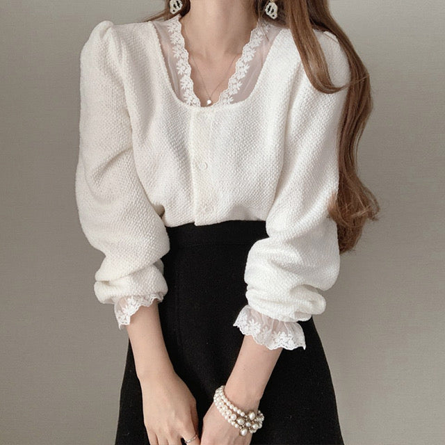 Long Sleeve Soft Knit Top with Lace Neckline