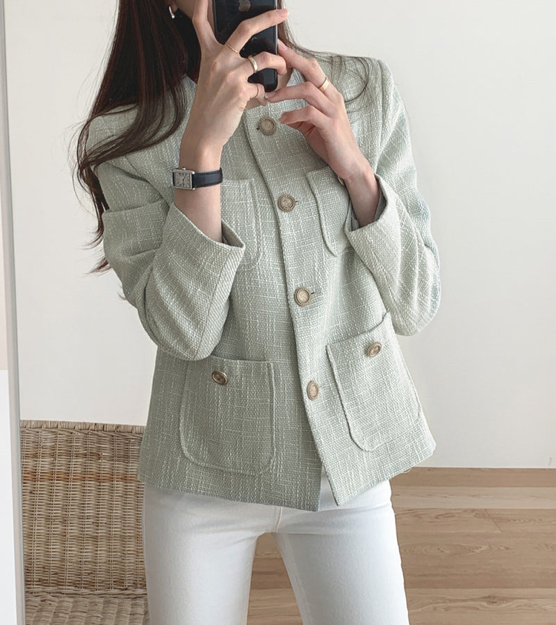 Classic Crew Neck Tweed Jacket with Gold Buttons – MyDearCloset
