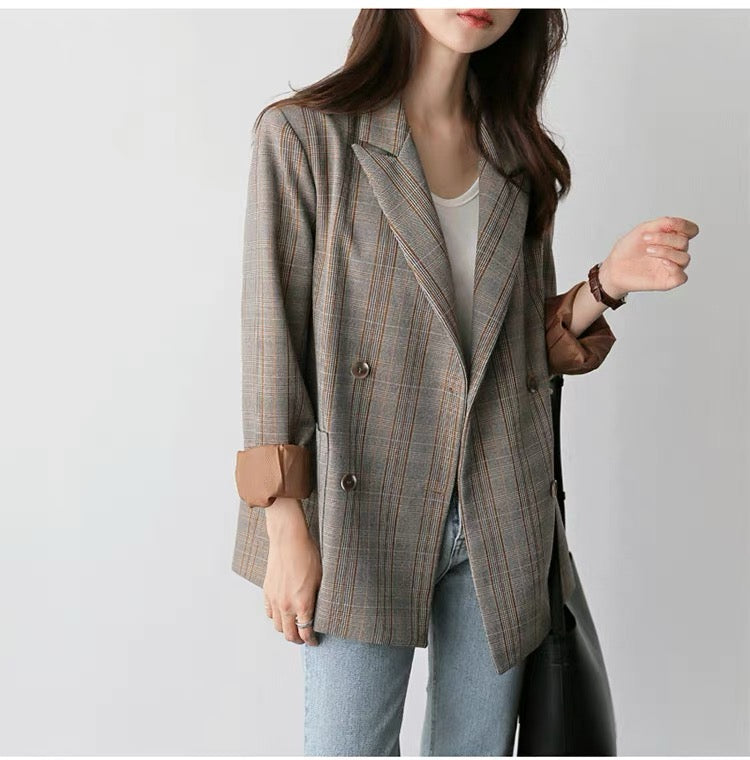 Korean Style Casual A-Line Blazer in Brown Plaids