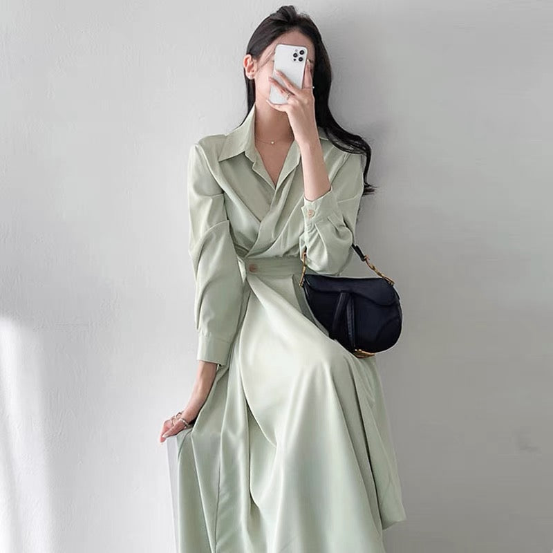 Long Sleeve Chiffon One Button Shirt Dress