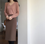 Morandi Colored V-Neck Sweater & Pencil Skirt Set