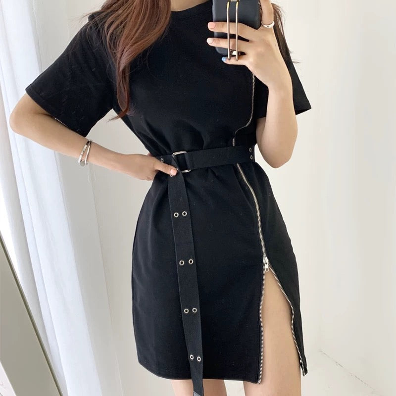 Zip-Up Belted Mini Dress