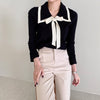 Knit Top with Double Layered Pointed Collar and Tie