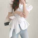 Puffed Short Sleeve Belted Shirt