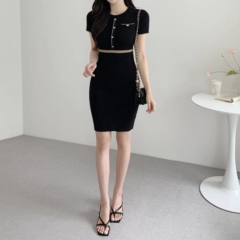 Short Sleeves Contrasting Trim Bodycon Mini Dress