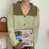 Two Tone Color Contrast Cardigan with Oversized Collar