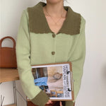 Two Tone Color Contrast Cardigan with Oversized Collar