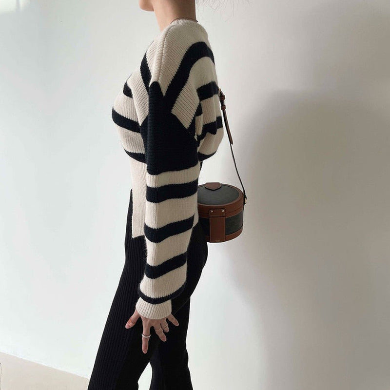 Round Neck Drop Shoulder Stripe Sweater with Gathered Waist and Slit