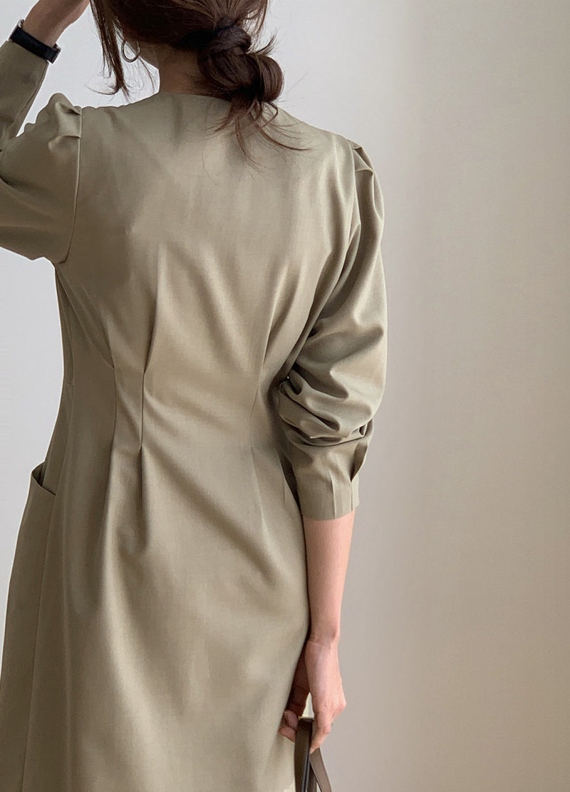 French Elegance Long Sleeve Round Neck Button Down Fitted Midi Dress