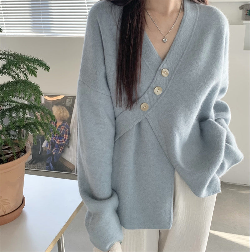 Soft Knit Designer V-Neck Side Button Sweater