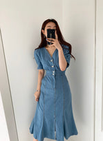 Denim V-Neck Fishtail Dress