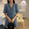 Short Sleeve V-Neck Blue Patterned Tweed A-Line Mini Dress