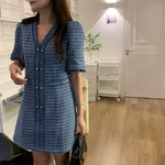 Short Sleeve V-Neck Blue Patterned Tweed A-Line Mini Dress