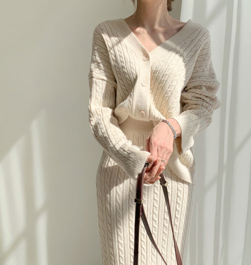 Cable Knit V-Neck Cardigan with Pencil Skirt Set