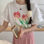 Pink Tulip Print Cotton T-Shirt