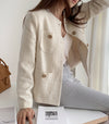 Classic Crew Neck Tweed Jacket with Gold Buttons