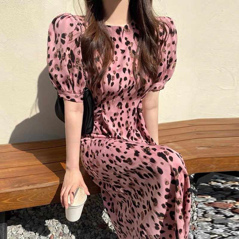 Pink Leopard Chiffon Midi Dress