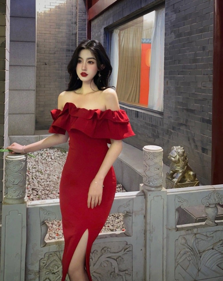 Ruffled Drop Shoulder Red Dress – MyDearCloset Ruffled Drop Shoulder Red Dress – MyDearCloset