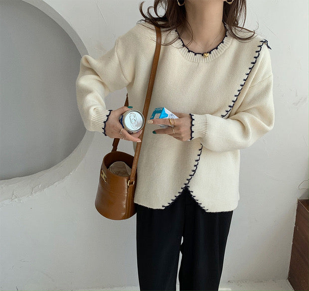 Designer Crew Neck Sweater with Contrasting Stitches