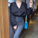 Lace Overlay Black Blouse with Oversized Collar