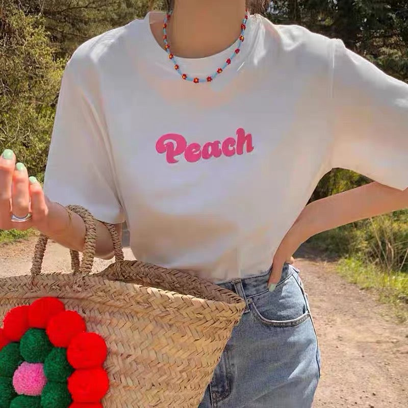 Peach Embroidered Cotton T-Shirt