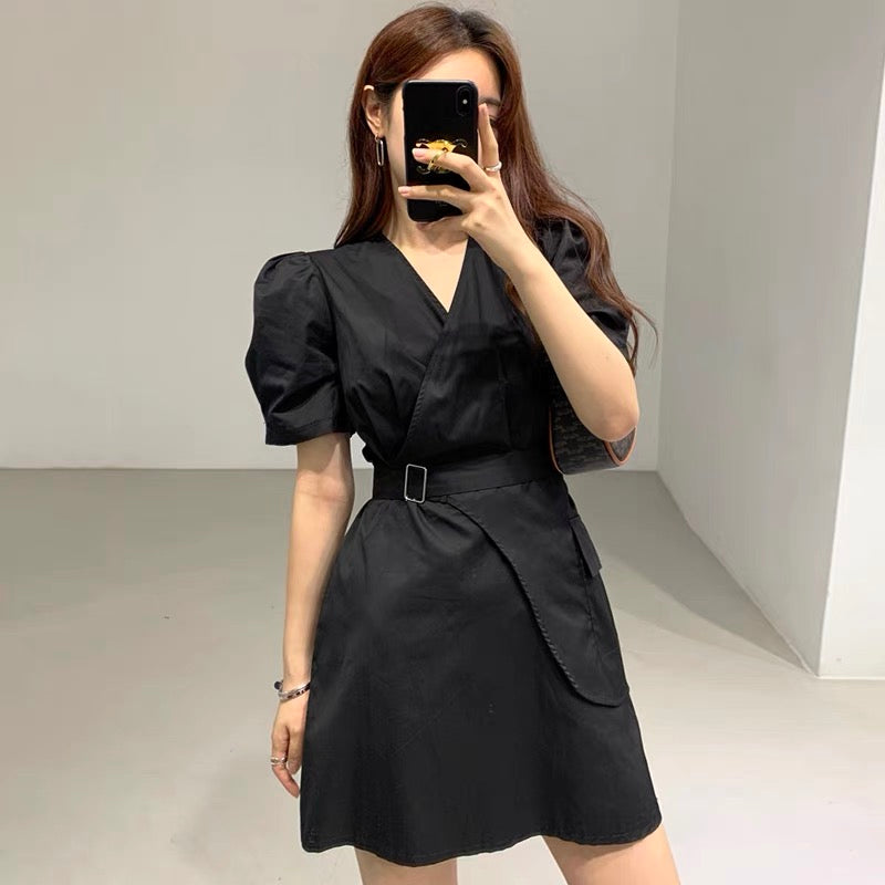 Short Sleeve Wrap Style Asymmetrical Belted Mini Dress