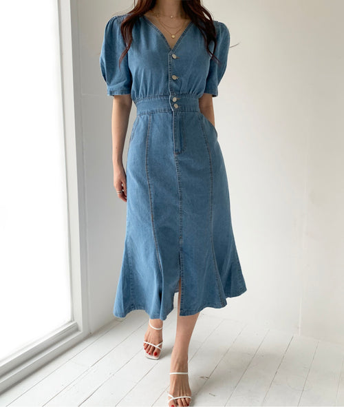 Denim V-Neck Fishtail Dress