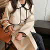 French Style Contrast Trim Double Face Wool Blend Belted Coat