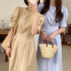 Korean Style Puff Sleeve Pleated Midi Dress