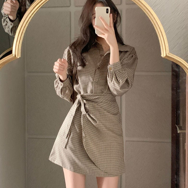 Mini Shirt Dress in Khaki Plaid