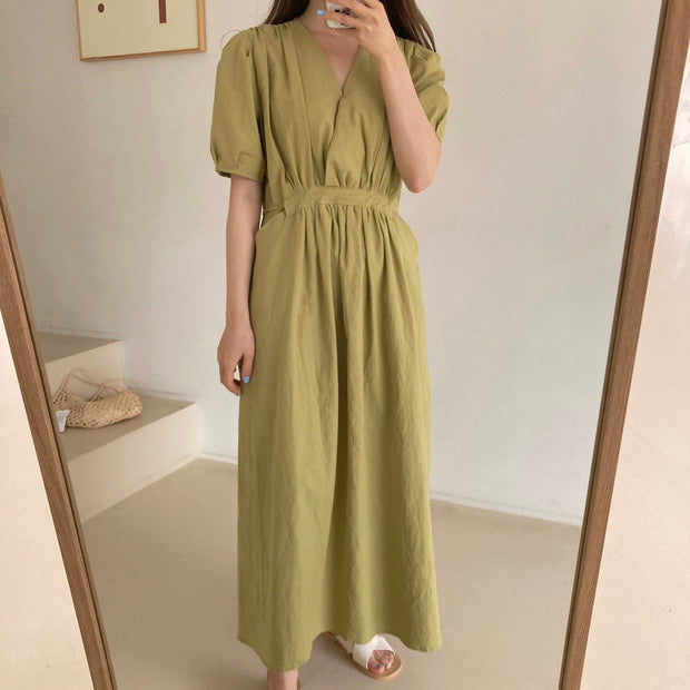 Matcha Green / Beige V-Neck Belted Dress with Pockets