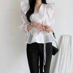 Long Sleeve Belted Chiffon Blouse with Ruffled Shoulder and Hems