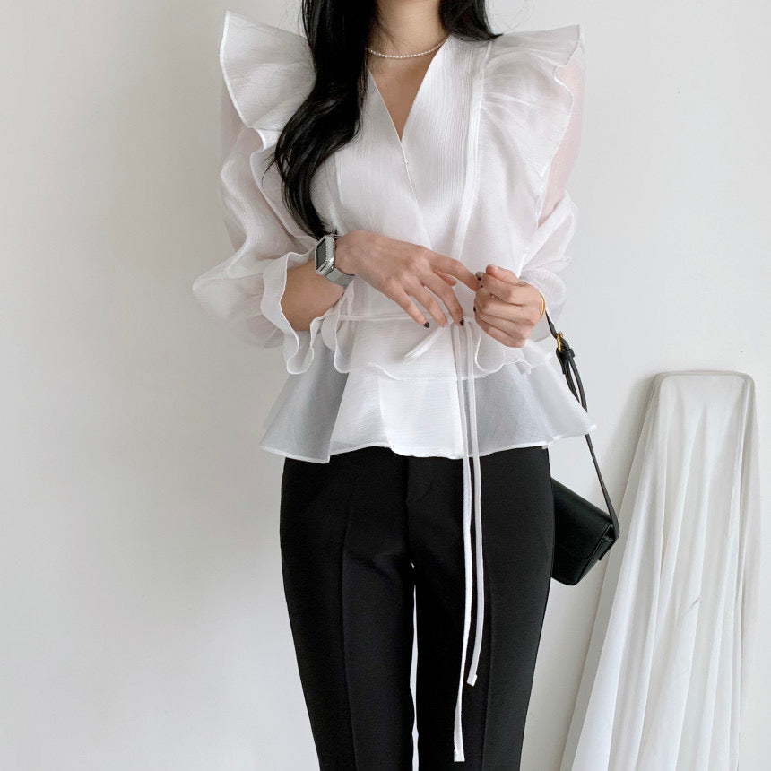 Long Sleeve Belted Chiffon Blouse with Ruffled Shoulder and Hems ...