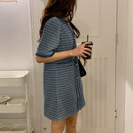 Short Sleeve V-Neck Blue Patterned Tweed A-Line Mini Dress