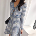 Blue Houndstooth Long Sleeve V-Neck Elegant Dress