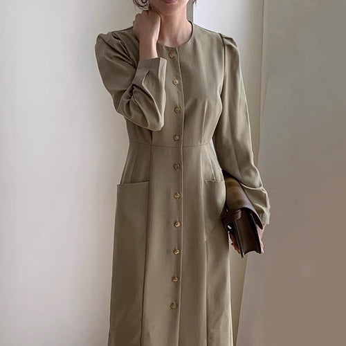 French Elegance Long Sleeve Round Neck Button Down Fitted Midi Dress